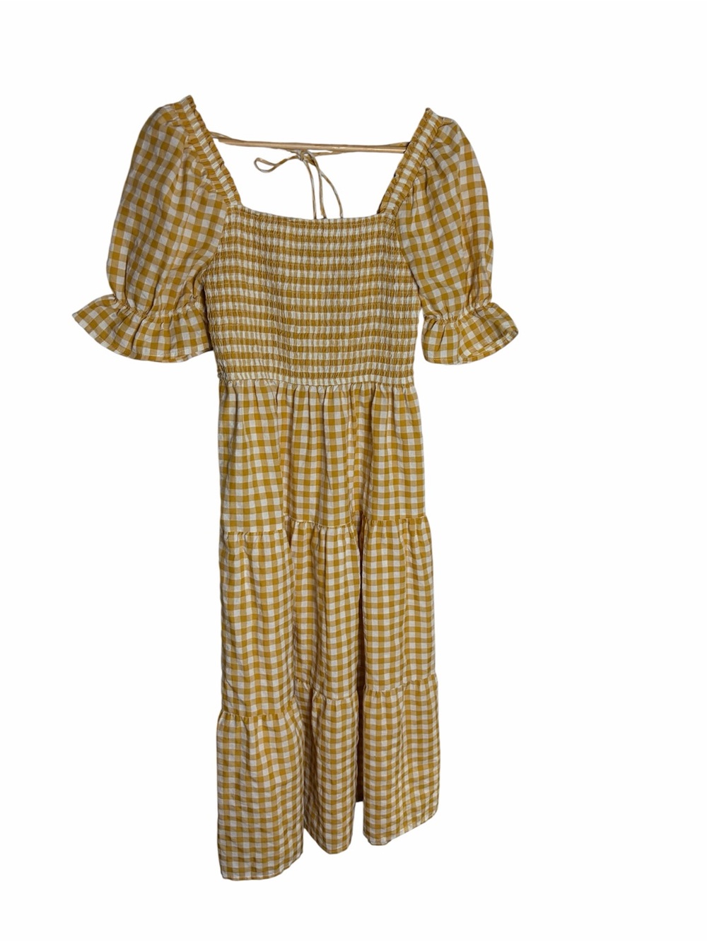 Mustard & white gingham puff sleeve smocked midi summer sundress size S